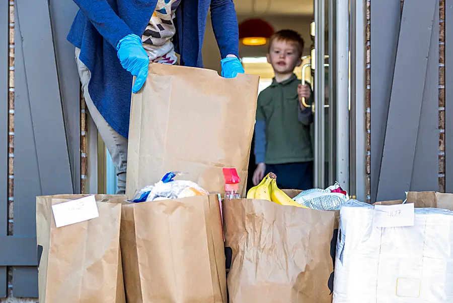 A delivery person brings bags of groceries to a family's front steps, while a boy watches from inside the door.