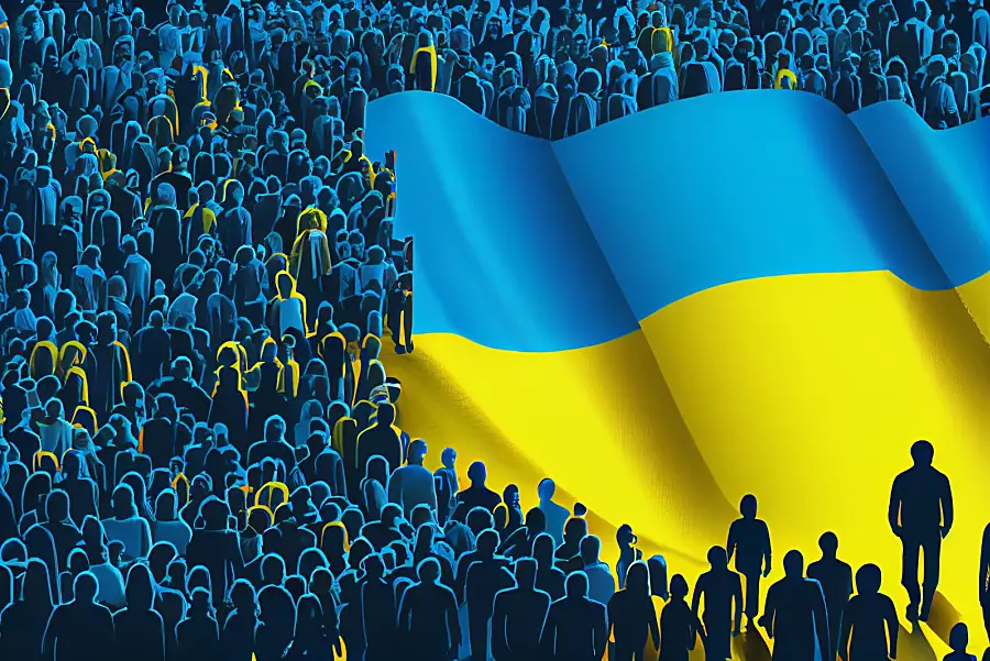 Illustration of a blue and yellow crowd of Ukrainians surrounding their flag.