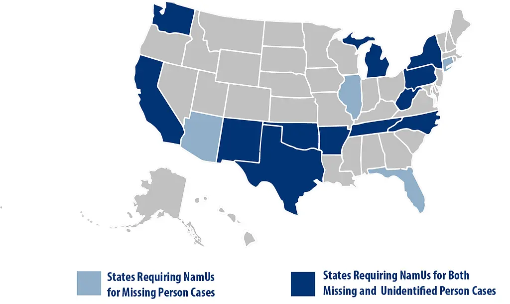 Map of the U.S. states with impactful NamUs legislation