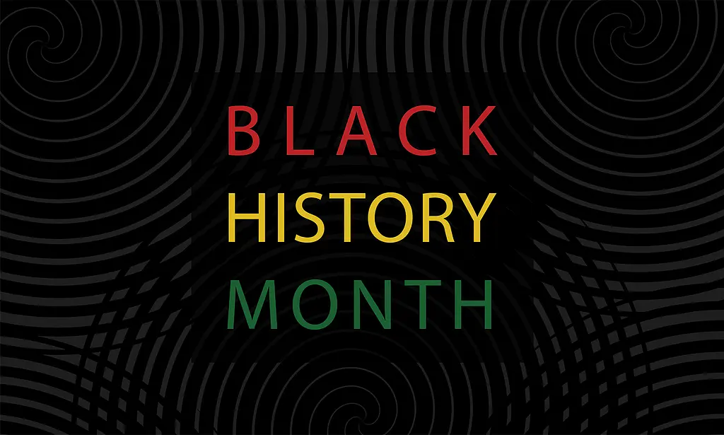 The words "Black History Month" in red, yellow, and green on a patterned background.