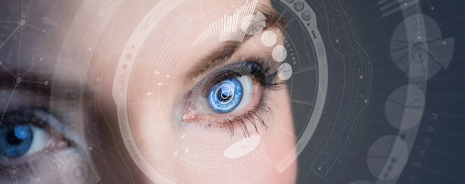Eye with data and futuristic technology.