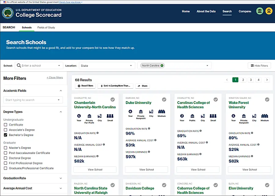 Screenshot of the College Scorecard dashboard