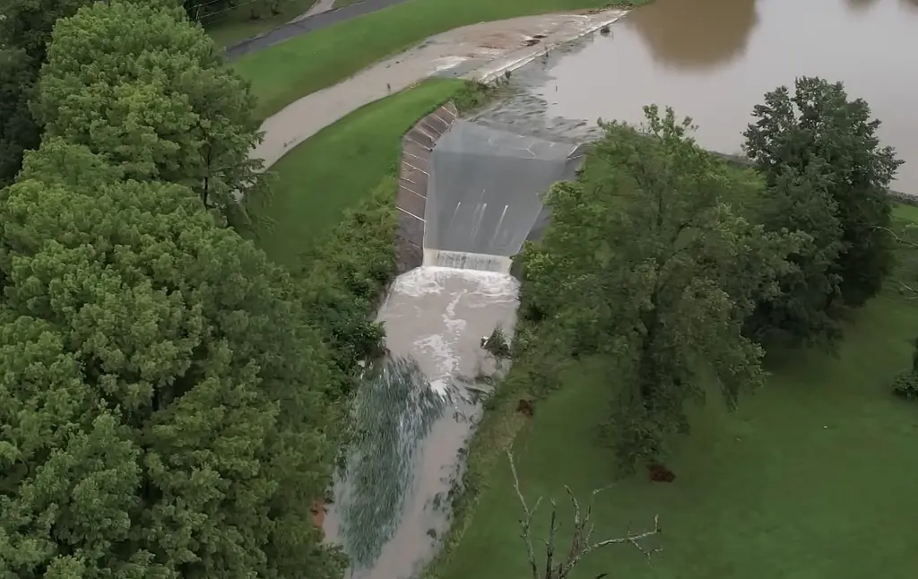 Dam overtopping aerial view