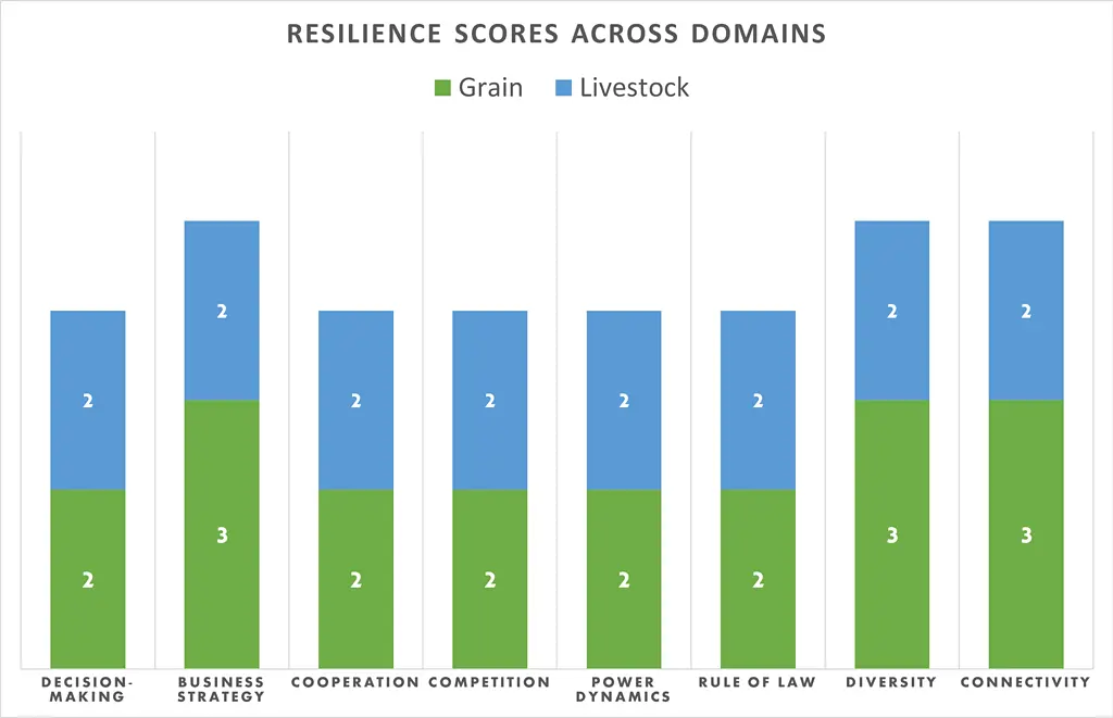 Chart shows resilience scores across the grain and livestock market domains of Somalia.