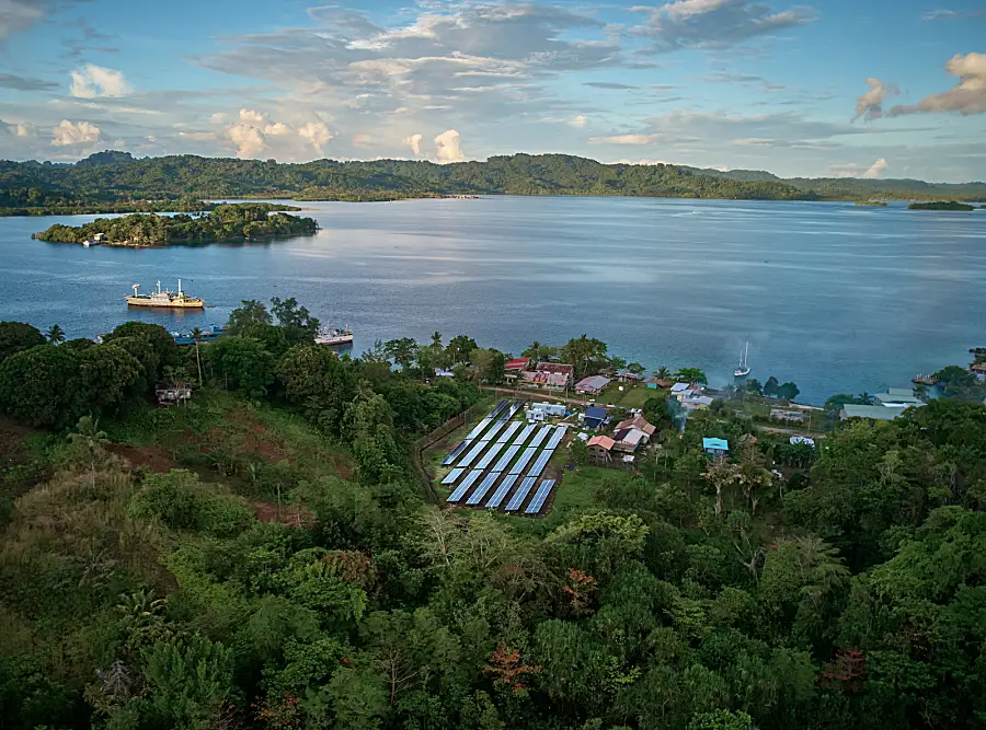 Picture of lake and solar panels 