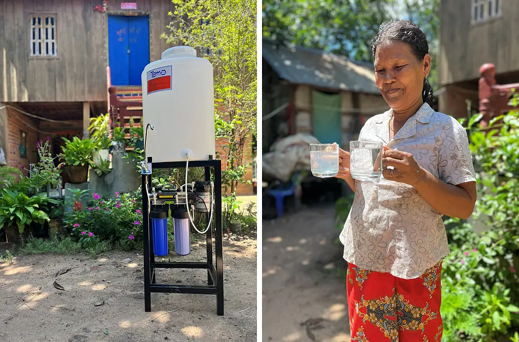 A pair of photos shows the water filter system RTI piloted in Cambodia, and a woman holding samples before and after filtering.