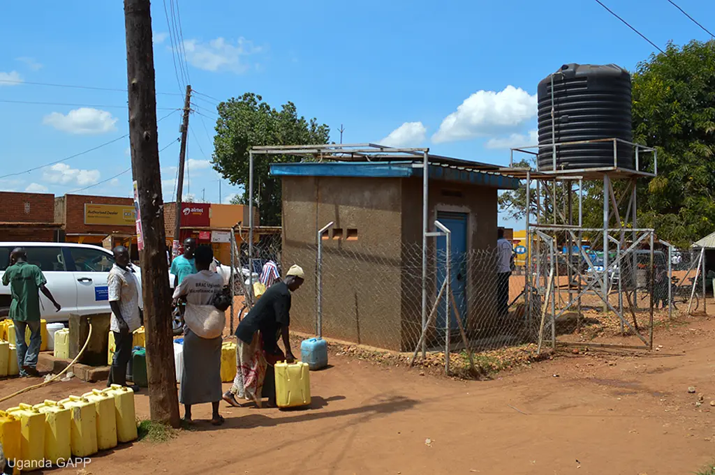 This solar-powered system supplies water to a health center in Bbaale, Uganda.