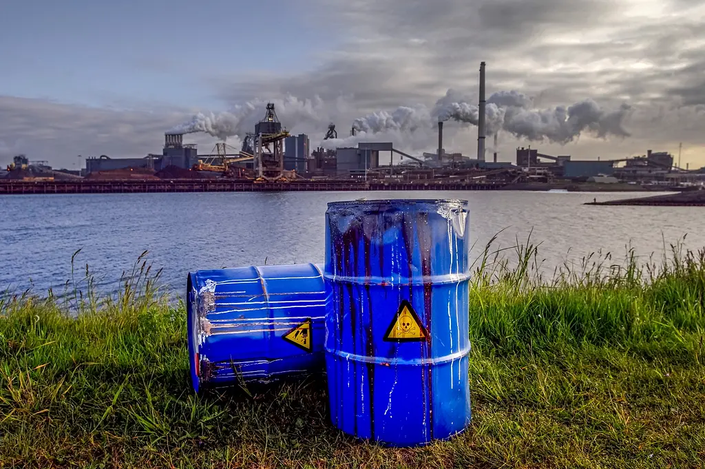 Photo of two barrels filled with hazardous waste on the banks of a river with a factory in the background