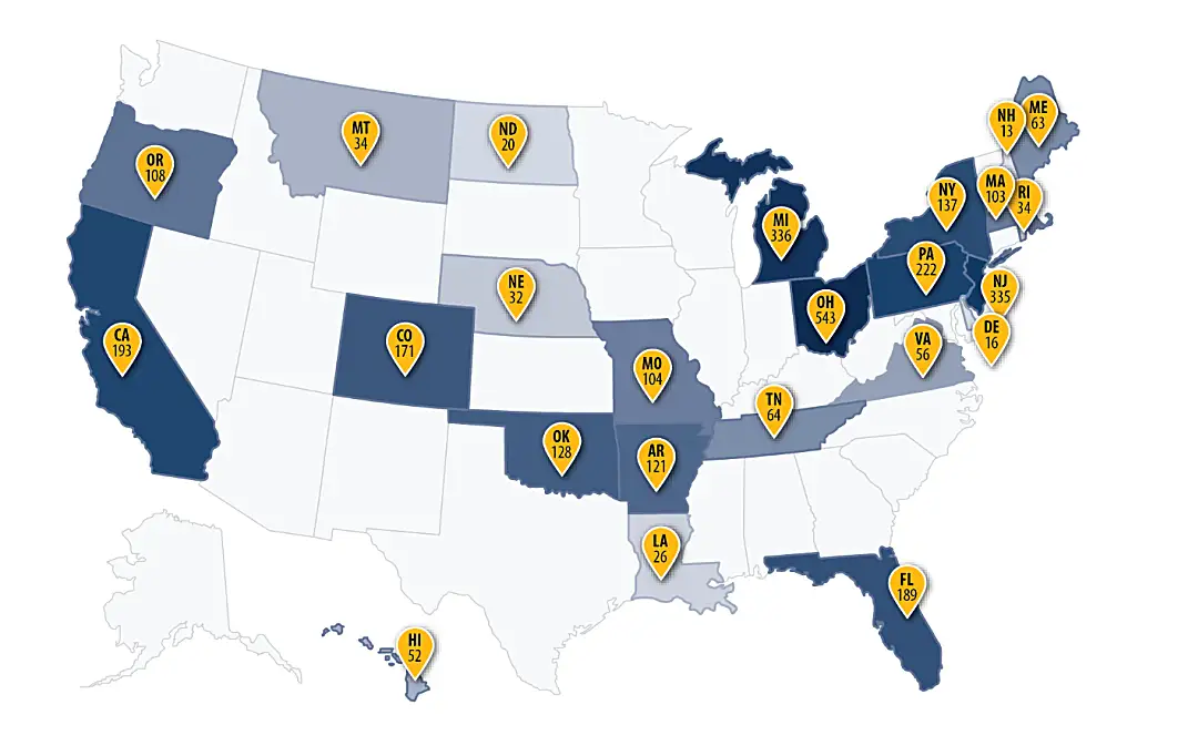 Map of the U.S. regions with participating practices 