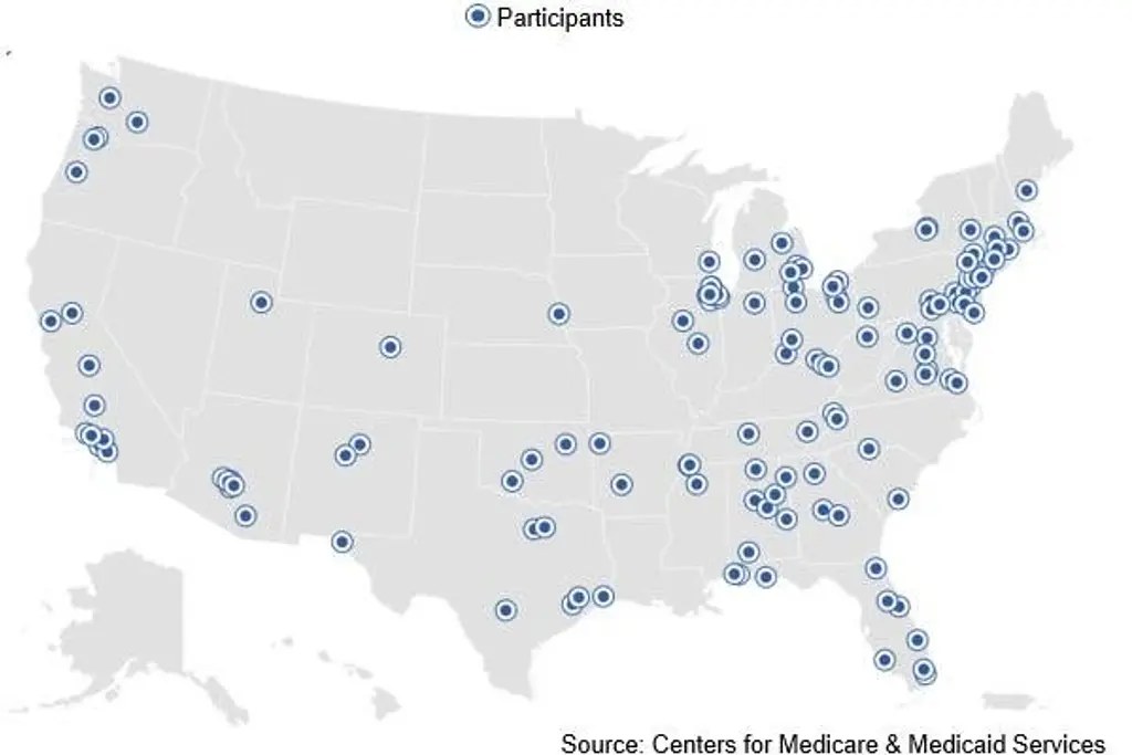 Map of the United States showing participating OCM Cancer Centers