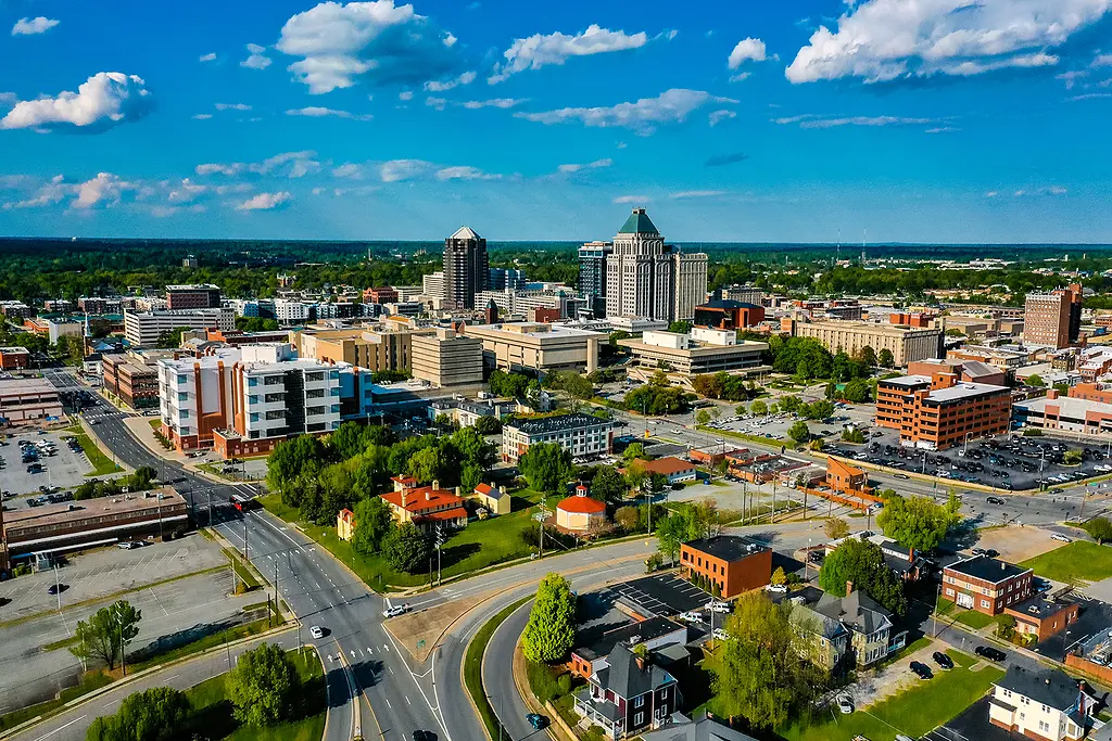 Aerial view of downtown Greensboro, North Carolina.