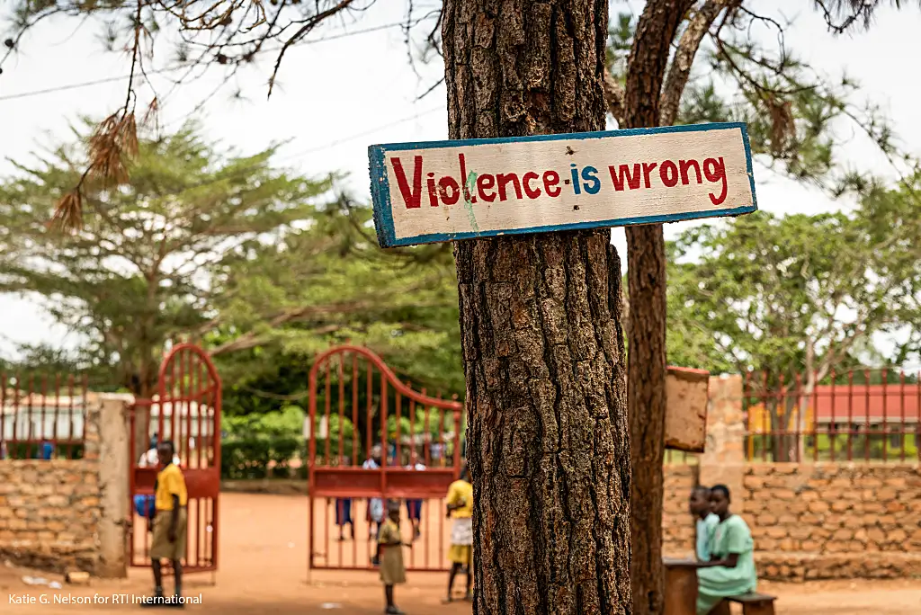 A sign at a Ugandan school participating in the Journeys program promotes nonviolence.