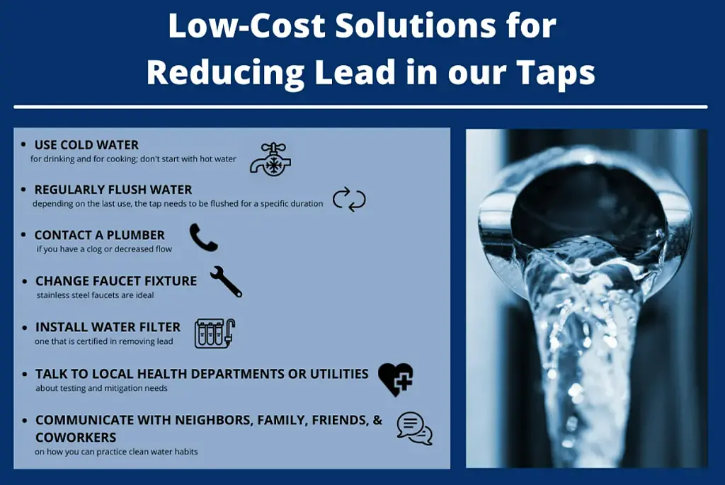 Graphic lists methods for eliminating lead from drinking water sources.