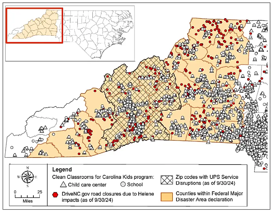 Map shows schools and child care facilities in Western North Carolina, along with areas experiencing disruptions from Hurricane Helene.