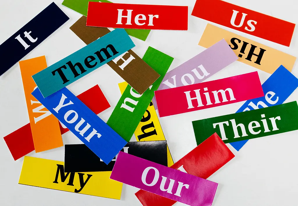A set of paper cutouts of pronouns for different genders.