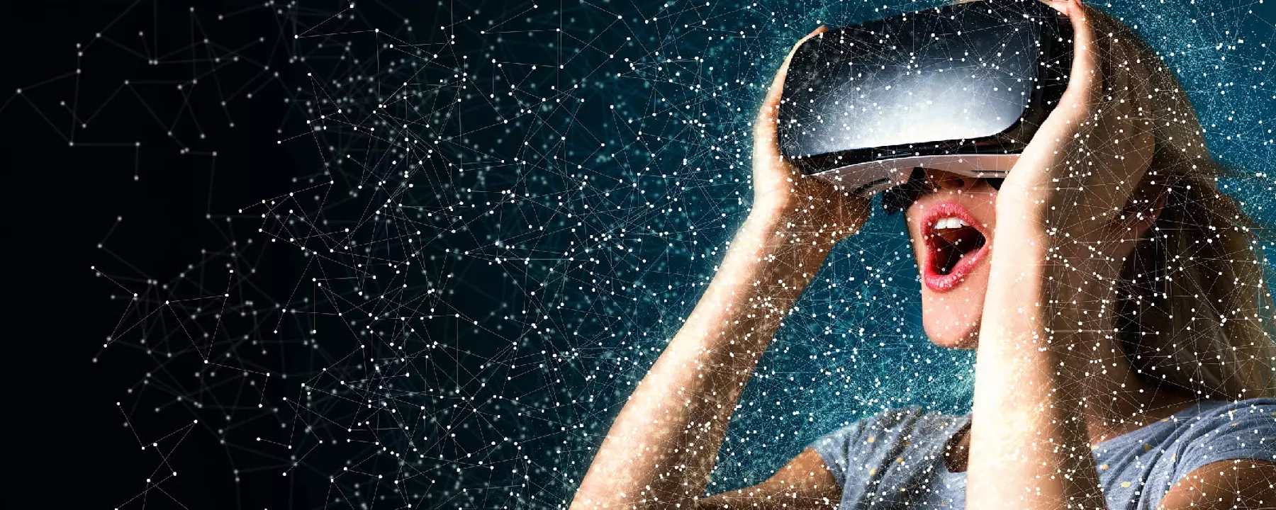 Illustration of a woman wearing virtual reality goggles and marveling at a scene of digital stars.