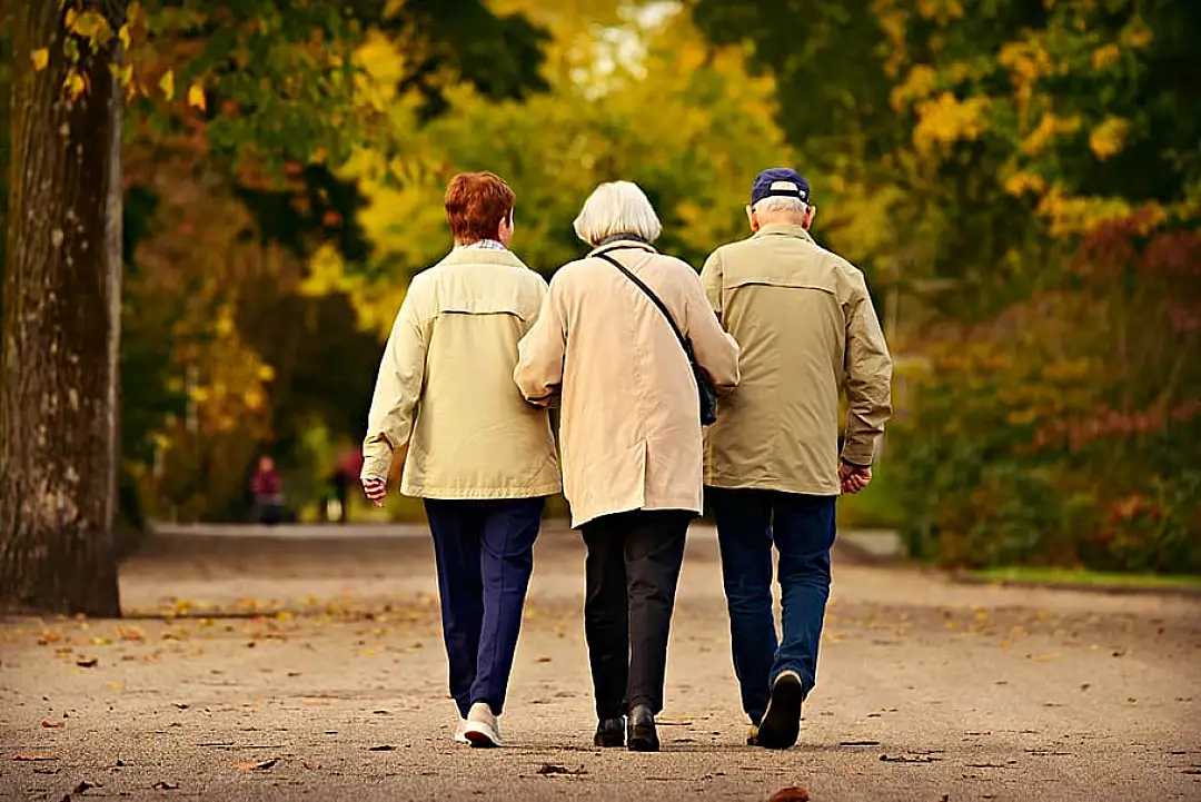 Three elderly people walking