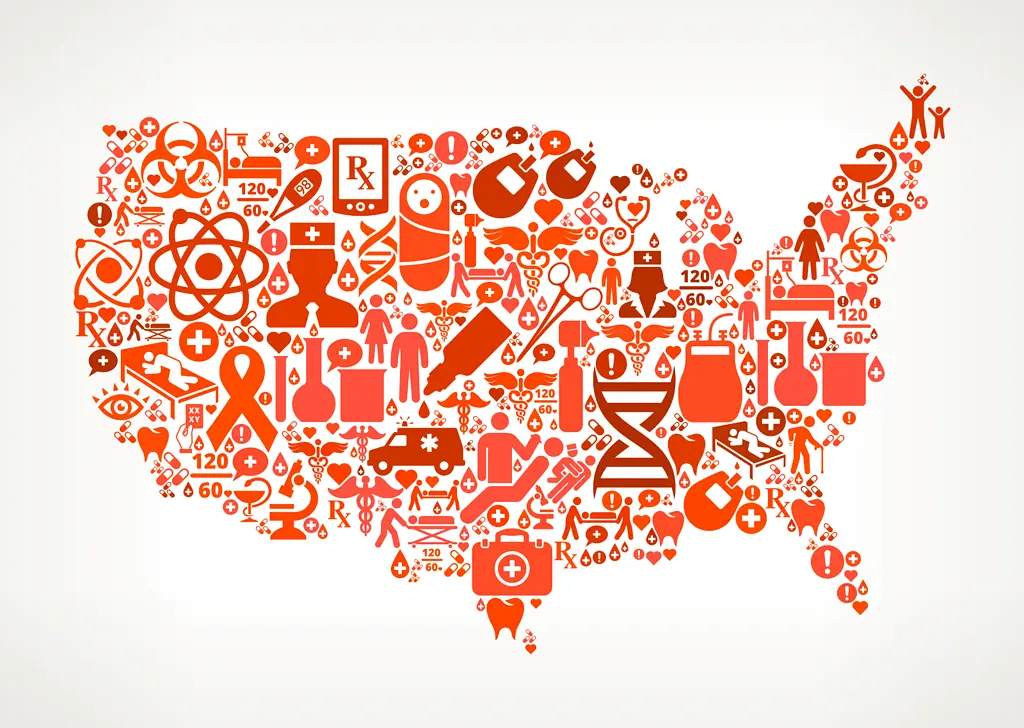 Illustration of U.S. map made up of icons related to healthcare
