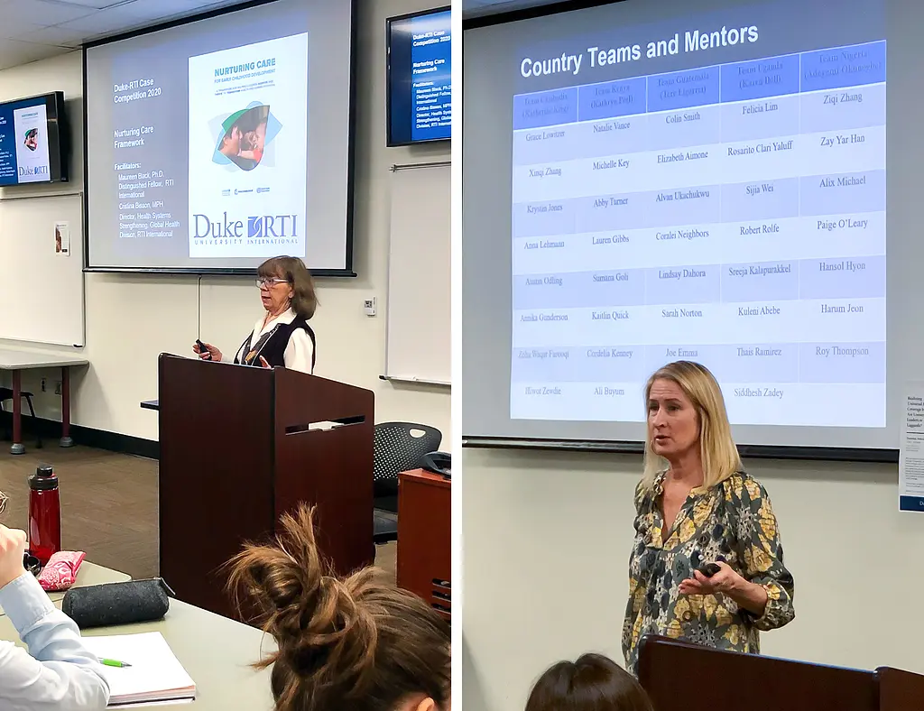 Side-by-side images of RTI's Maureen Black and Cristina Bisson speaking to Duke University students.