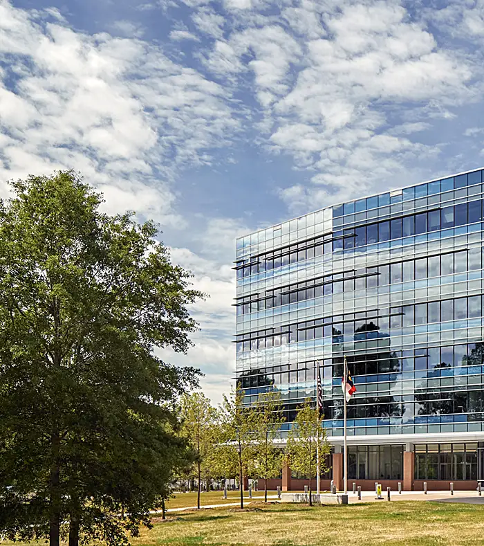 An exterior image of the flagship Horizon building at RTI's headquarters in Research Triangle Park.