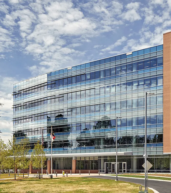 An exterior image of the flagship Horizon building at RTI's headquarters in Research Triangle Park.