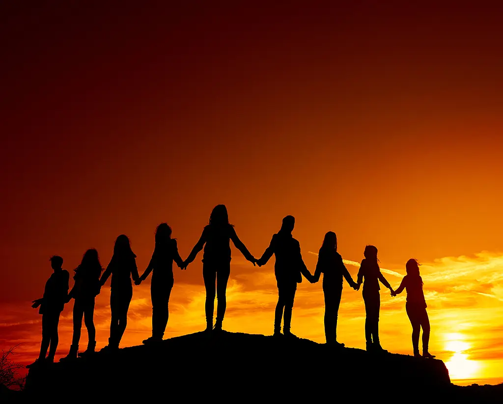 A silhouette of a group of women standing on a rock formation with a colorful sunset in the background.