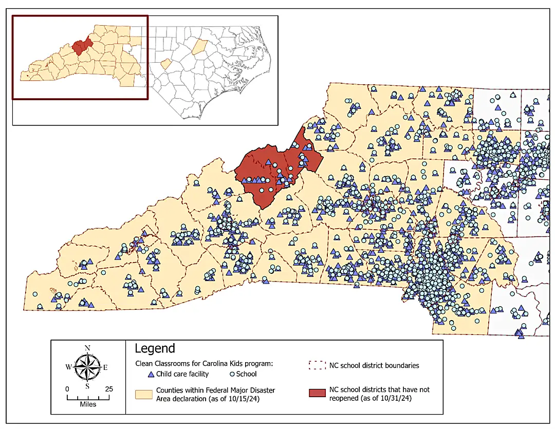 Map shows child care facilities and public schools in counties affected by Hurricane Helene.