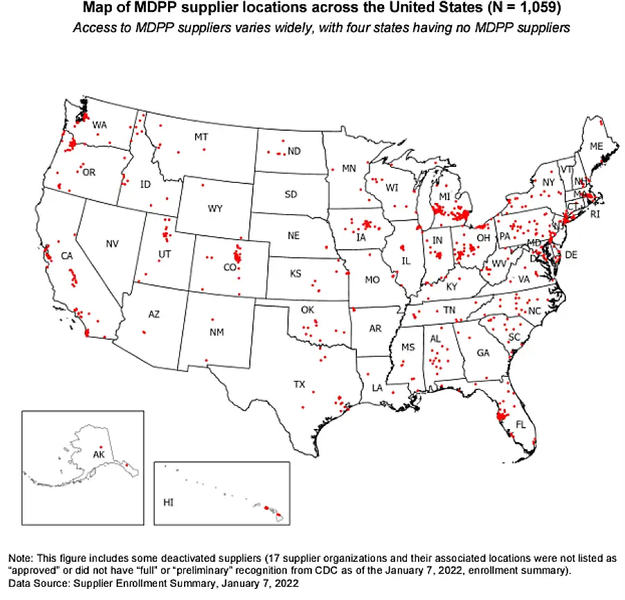 Map shows the locations of MDPP suppliers across the United States.