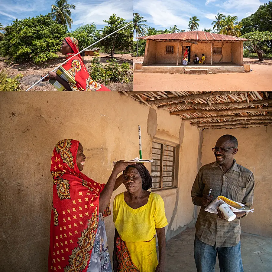 Community drug distributors measure the height of villagers in Kilwa to determine the right dose of LF medicine to give them during home visits