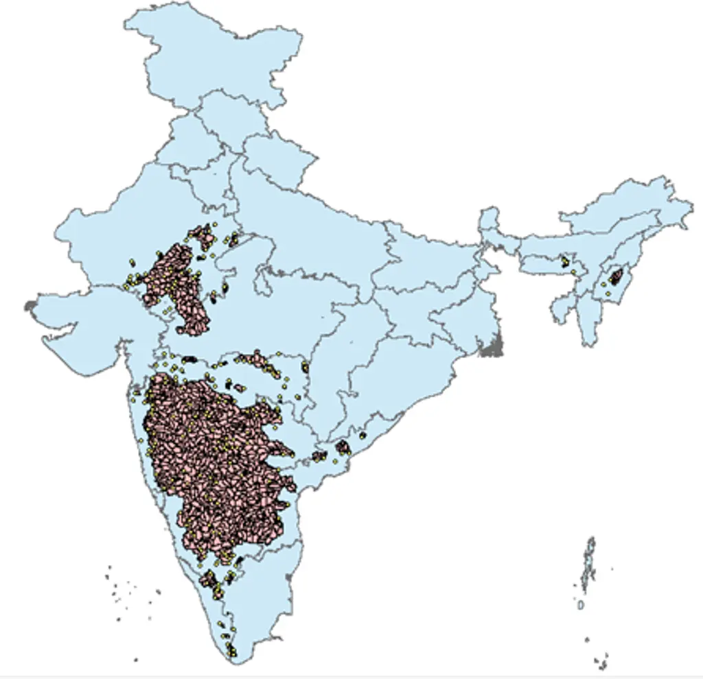 Map of modeled hydrologic domain and subcatchments across India