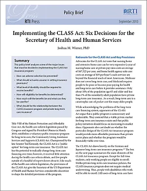 Cover image for publication: Implementing the CLASS Act: Six decisions for the Secretary of Health and Human Services