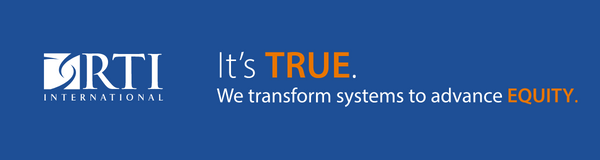 A blue background features the RTI International logo and text promoting equity transformation.