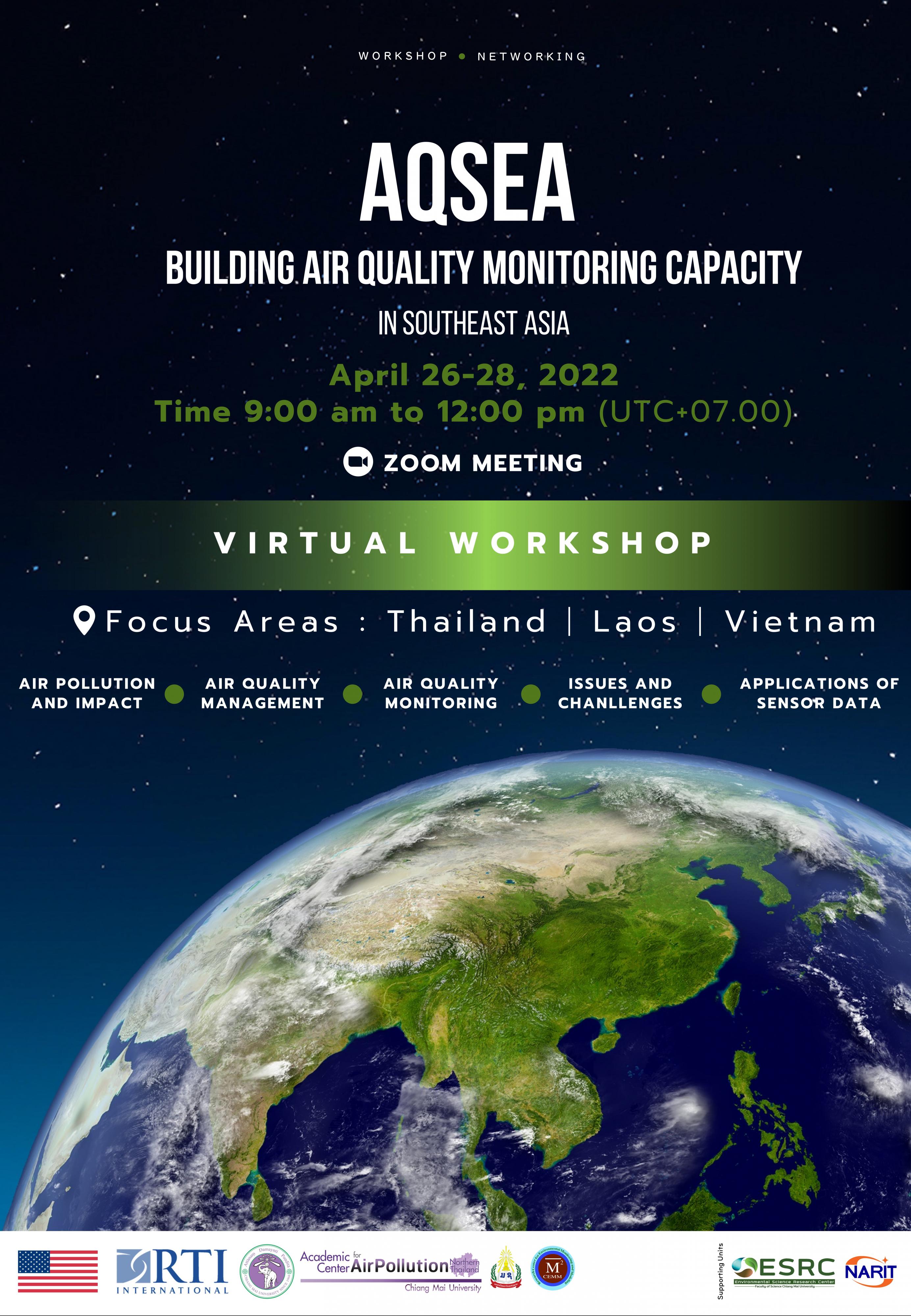 A globe displaying Southeast Asia, promoting a virtual workshop on air quality monitoring.