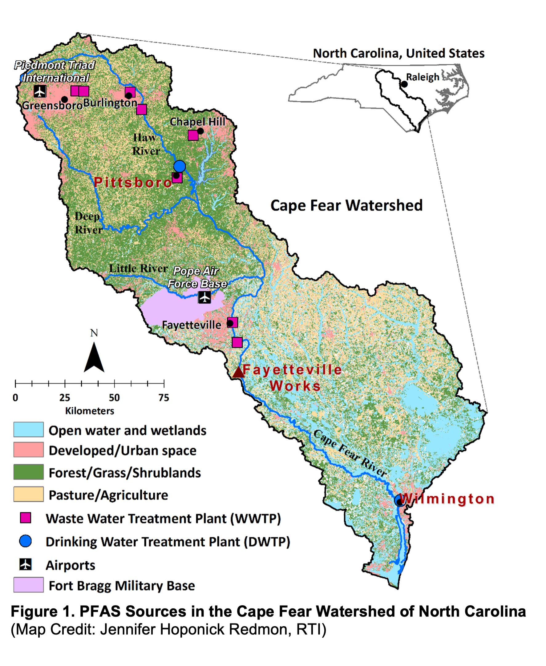 Map displays the Cape Fear Watershed in North Carolina, highlighting PFAS sources and treatment facilities.