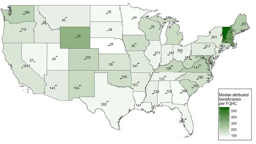 A map of the U.S. displays varying shades of green, indicating healthcare beneficiary distribution.