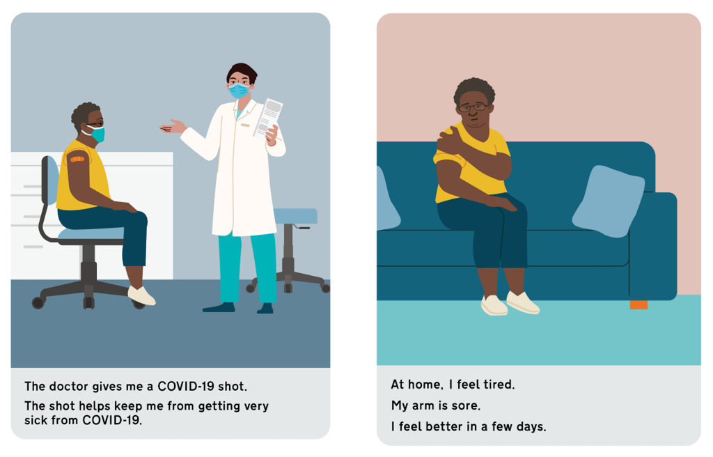 A patient receives a COVID-19 shot from a masked doctor in a medical office.