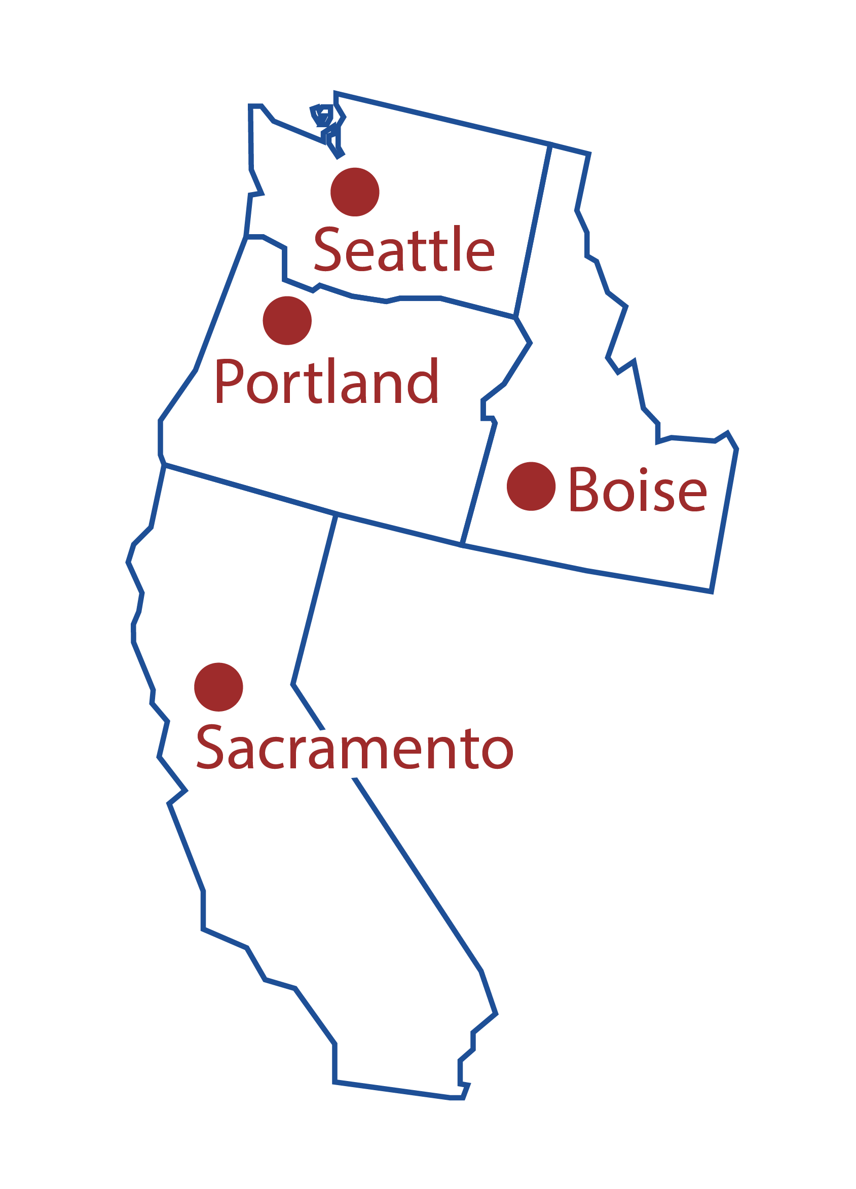 A map outlines the Pacific Northwest and Northern California, highlighting cities with red dots.