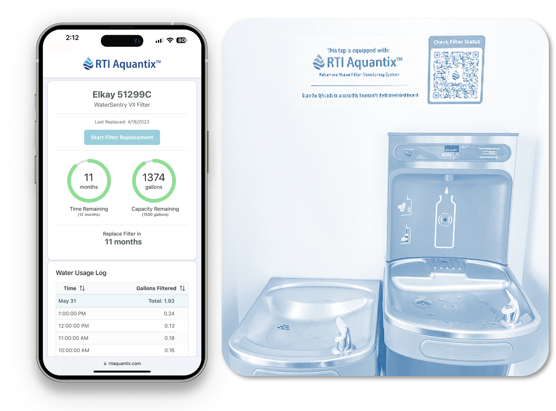 A smartphone displays a filter status for a water fountain in a clean environment.