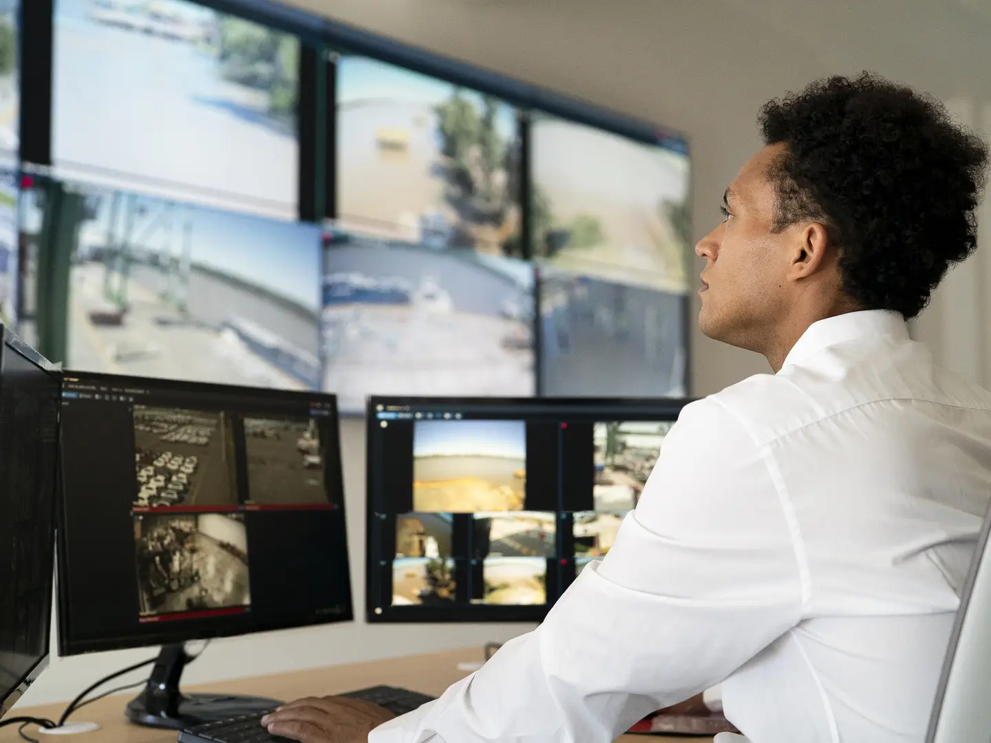 employee checking security footage on monitors