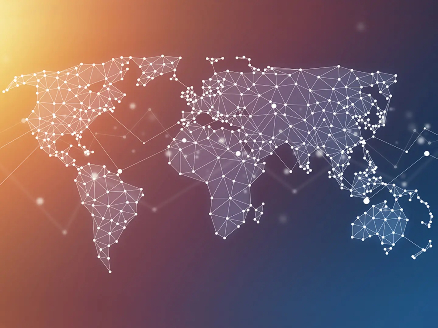 A world map with points and lines connecting countries.