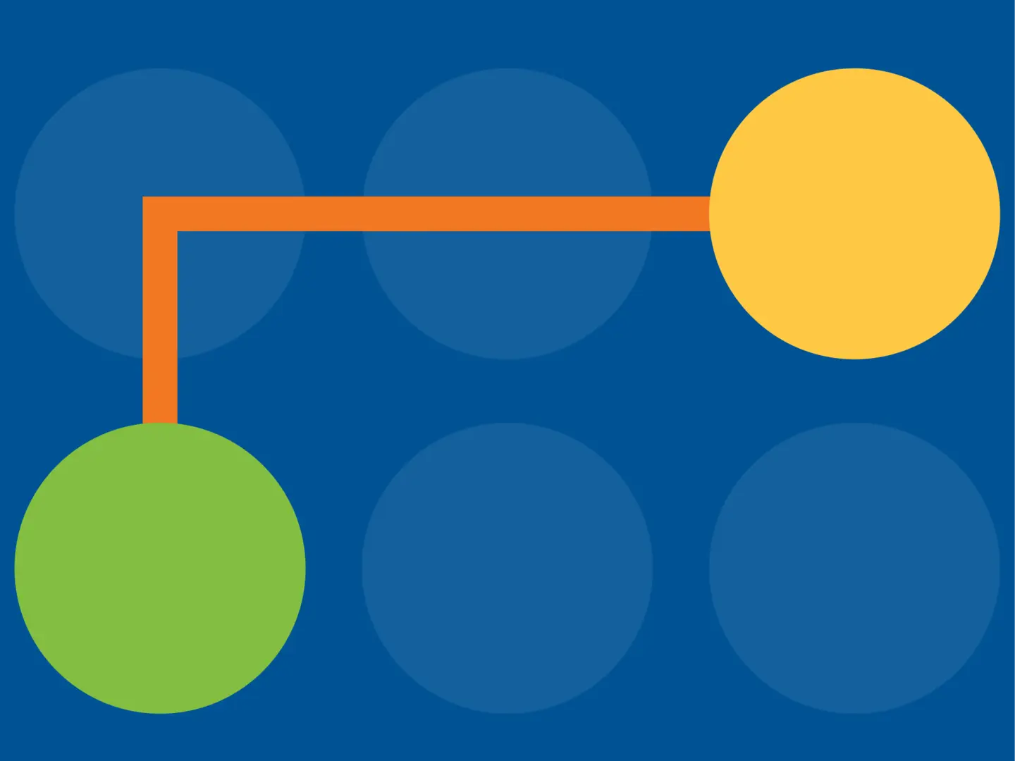 Pink and green circles connected by an orange line on a blue background with faint circles.