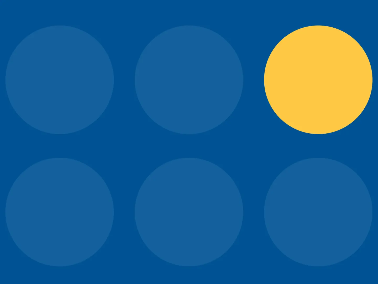 Yellow circle among blue circles on a blue background in a grid pattern.