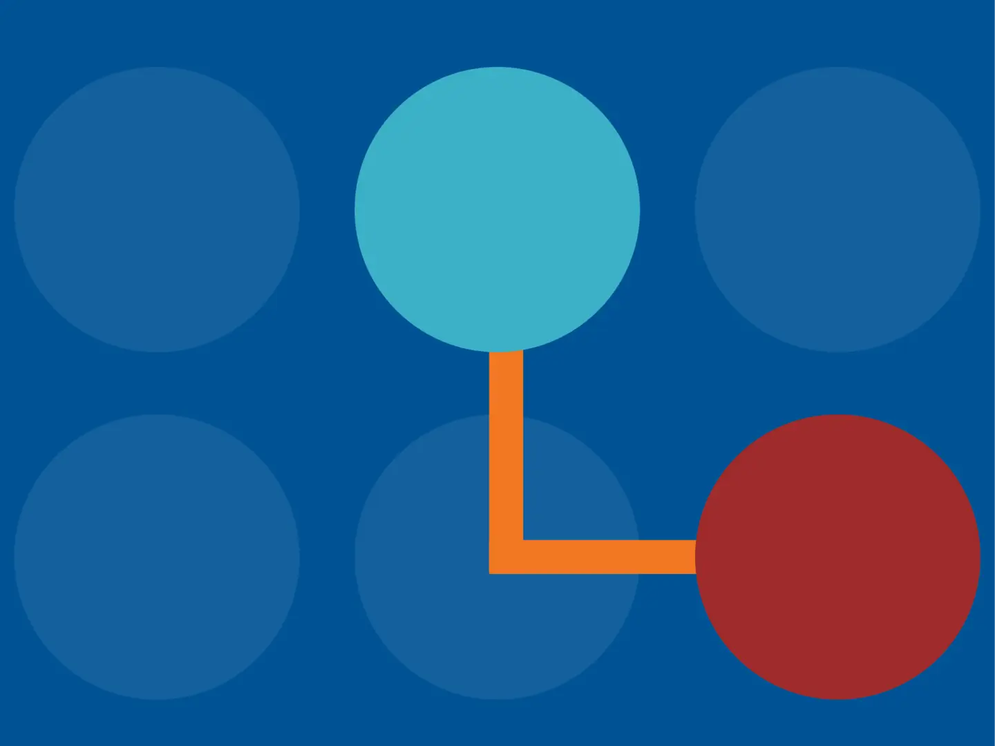 Connected circles, one blue and one red, with orange lines on a blue backdrop with faded circles.