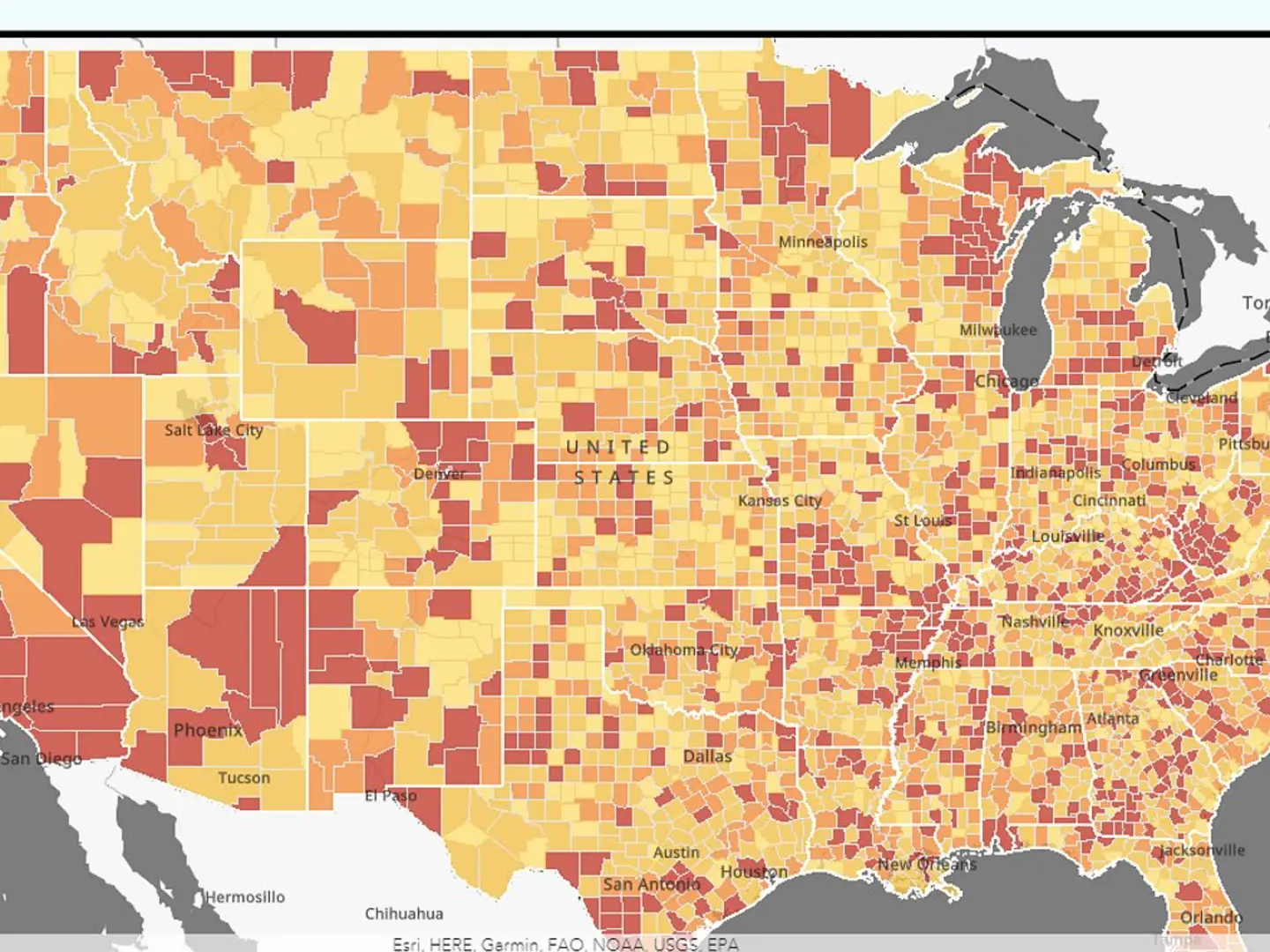 Multicolored U.S. map showing varying shades in regions, likely indicating data distribution or density.