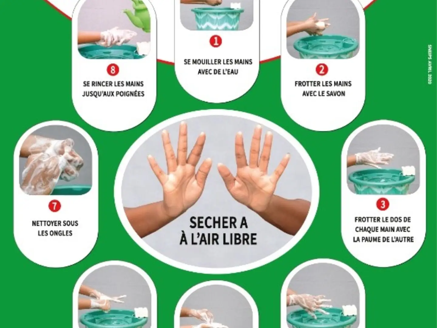 Handwashing instructions with eight steps, highlighting scrubbing, rinsing, and air drying hands.