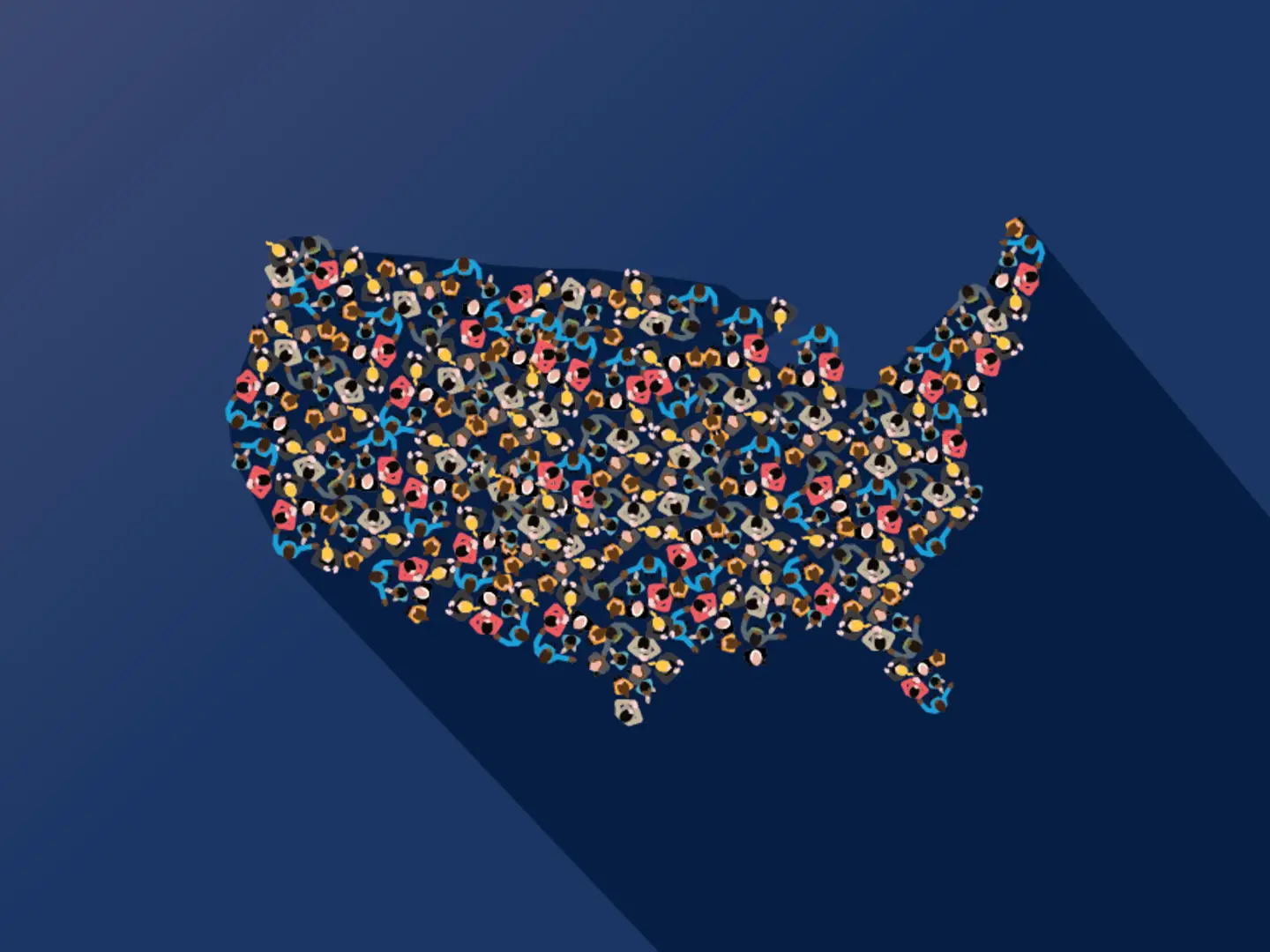 USA map silhouette formed by diverse people heads; blue background.