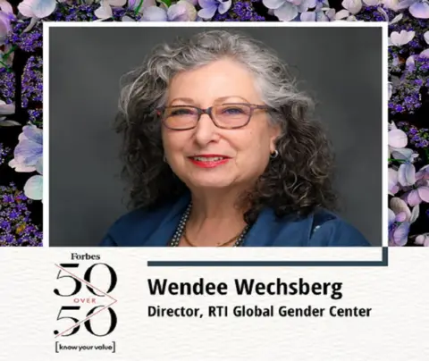 Wendee Wechsberg, wearing glasses, smiles in a headshot. "Forbes 50 Over 50. Director, RTI Global Gender Center."