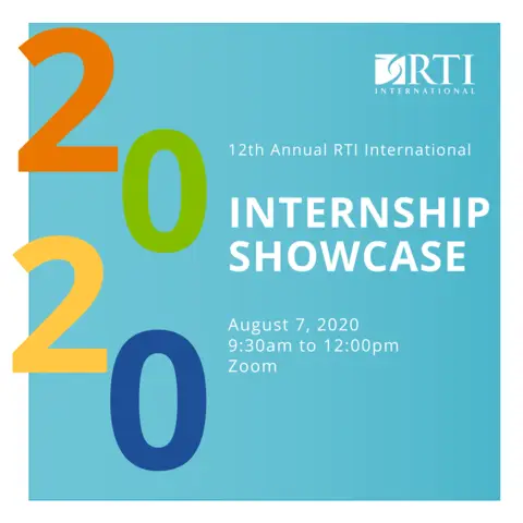 Numbers "2020" with "RTI Internship Showcase" event details on August 7, 2020, via Zoom.
