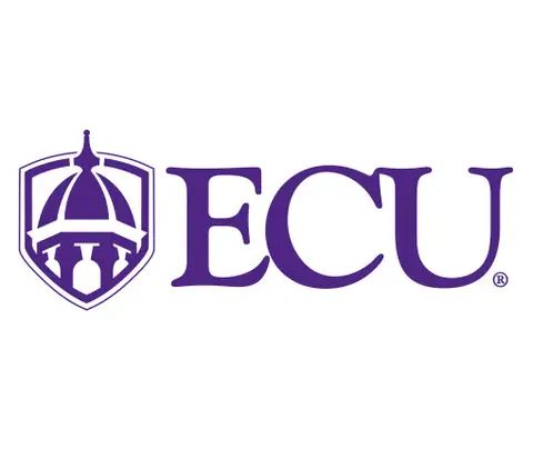 Purple ECU logo next to a shield emblem featuring a dome structure, on a white background.