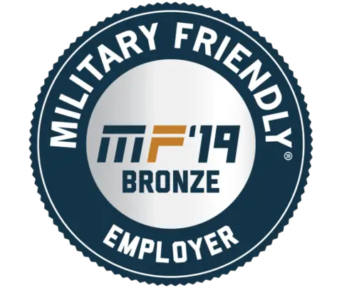 Circular logo displaying "MILITARY FRIENDLY EMPLOYER" with "MF '19 BRONZE" in the center, dark blue border.